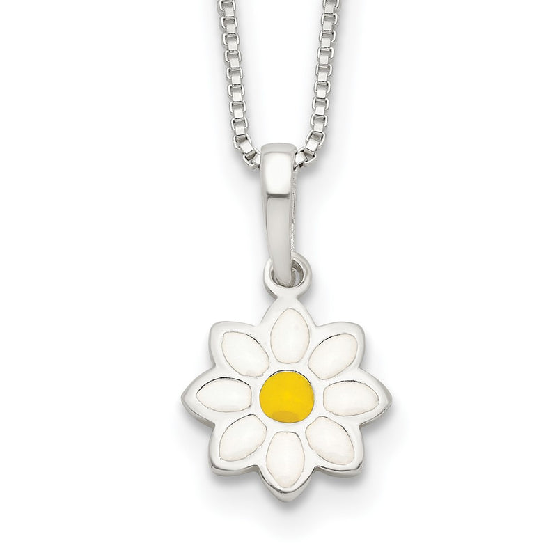 Sterling Silver Polished Yellow & White Enamel Flower Children'S Necklace