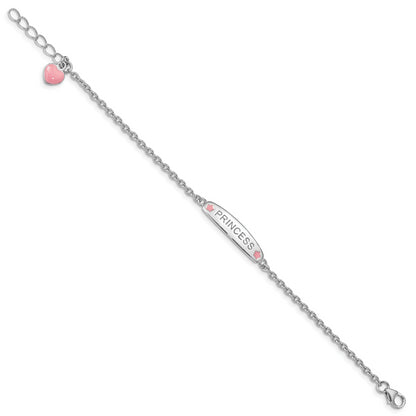 7 Inch Sterling Silver Rhodium-Plated Polished & Pink Enameled Princess With 1 Extension Children'S Bracelet
