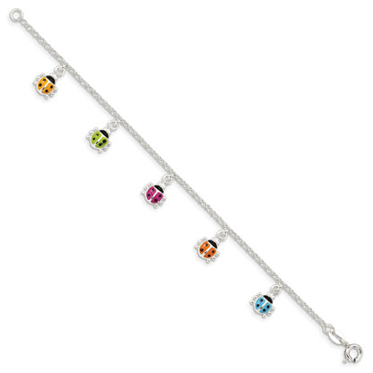 6 Inch Sterling Silver Polished Multi-Color Enameled Ladybugs Children'S Bracelet