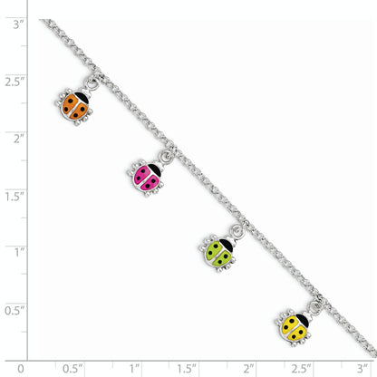 6 Inch Sterling Silver Polished Multi-Color Enameled Ladybugs Children'S Bracelet