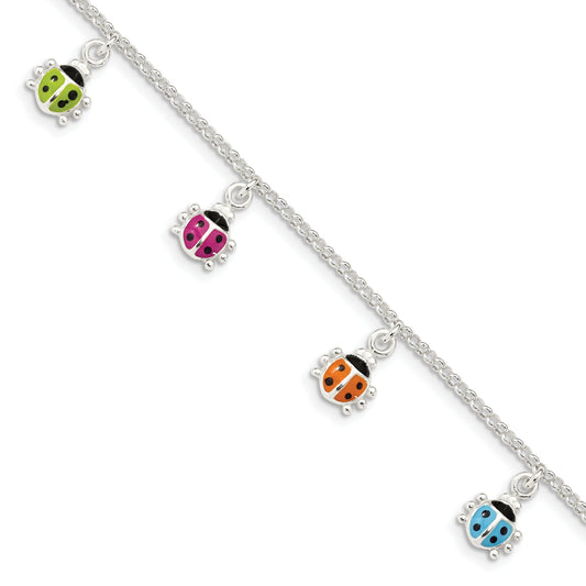 6 Inch Sterling Silver Polished Multi-Color Enameled Ladybugs Children'S Bracelet