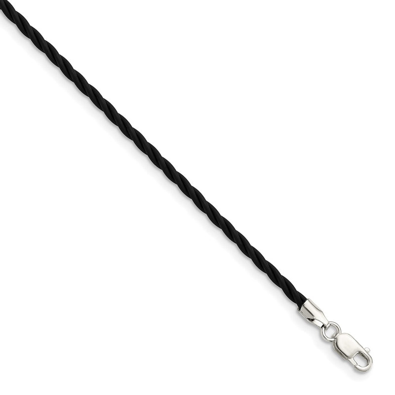 Sterling Silver 18 Inch 2mm Black Twisted Rubber Necklace