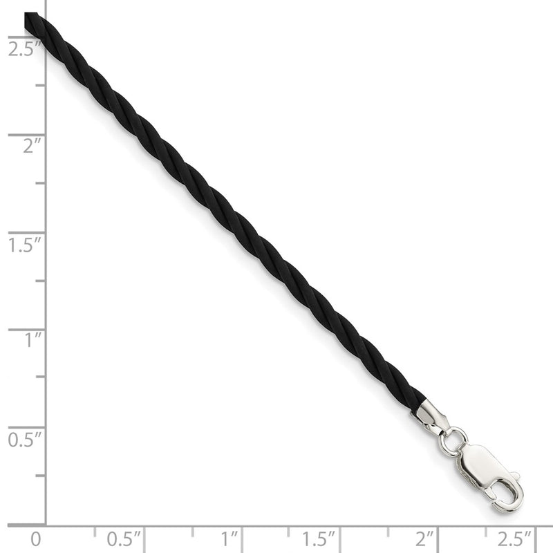 Sterling Silver 16 Inch 3mm Black Twisted Rubber Necklace