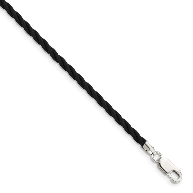 Sterling Silver 16 Inch 3mm Black Twisted Rubber Necklace