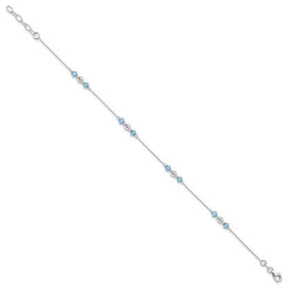 Sterling Silver Polished Bead And Cz 9In Plus 1In. Ext. Anklet