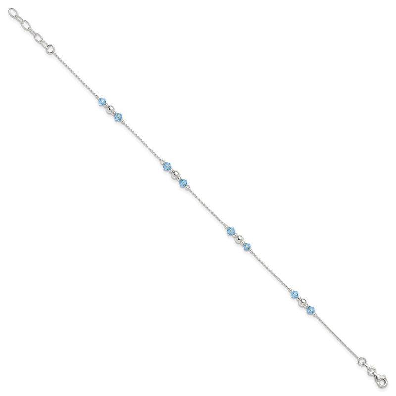 Sterling Silver Polished Bead And Cz 9In Plus 1In. Ext. Anklet