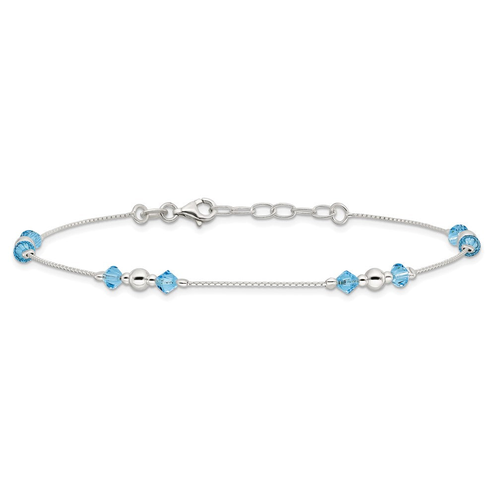 Sterling Silver Polished Bead And Cz 9In Plus 1In. Ext. Anklet