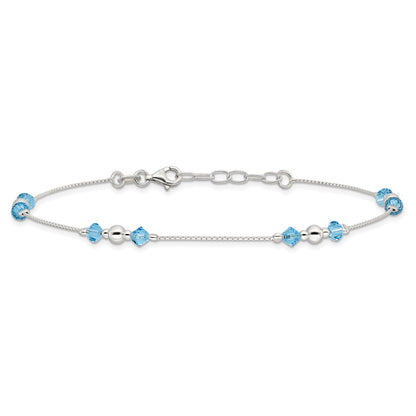 Sterling Silver Polished Bead And Cz 9In Plus 1In. Ext. Anklet