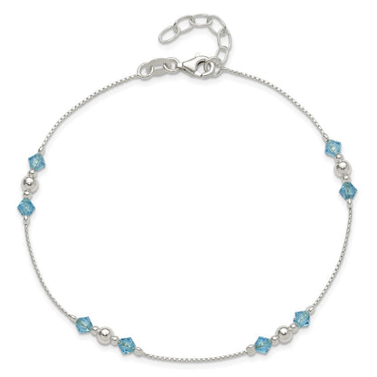 Sterling Silver Polished Bead And Cz 9In Plus 1In. Ext. Anklet