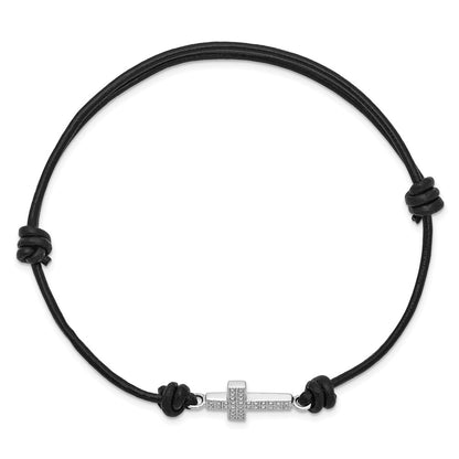 Sterling Silver Rhodium-Plated Cz Cross Black Leather Adjustable Bracelet