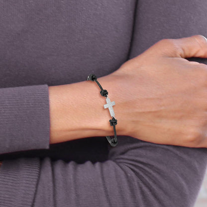 Sterling Silver Rhodium-Plated Cz Cross Black Leather Adjustable Bracelet