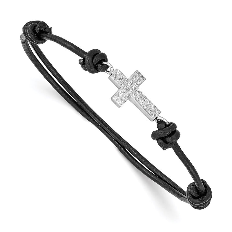 Sterling Silver Rhodium-Plated Cz Cross Black Leather Adjustable Bracelet