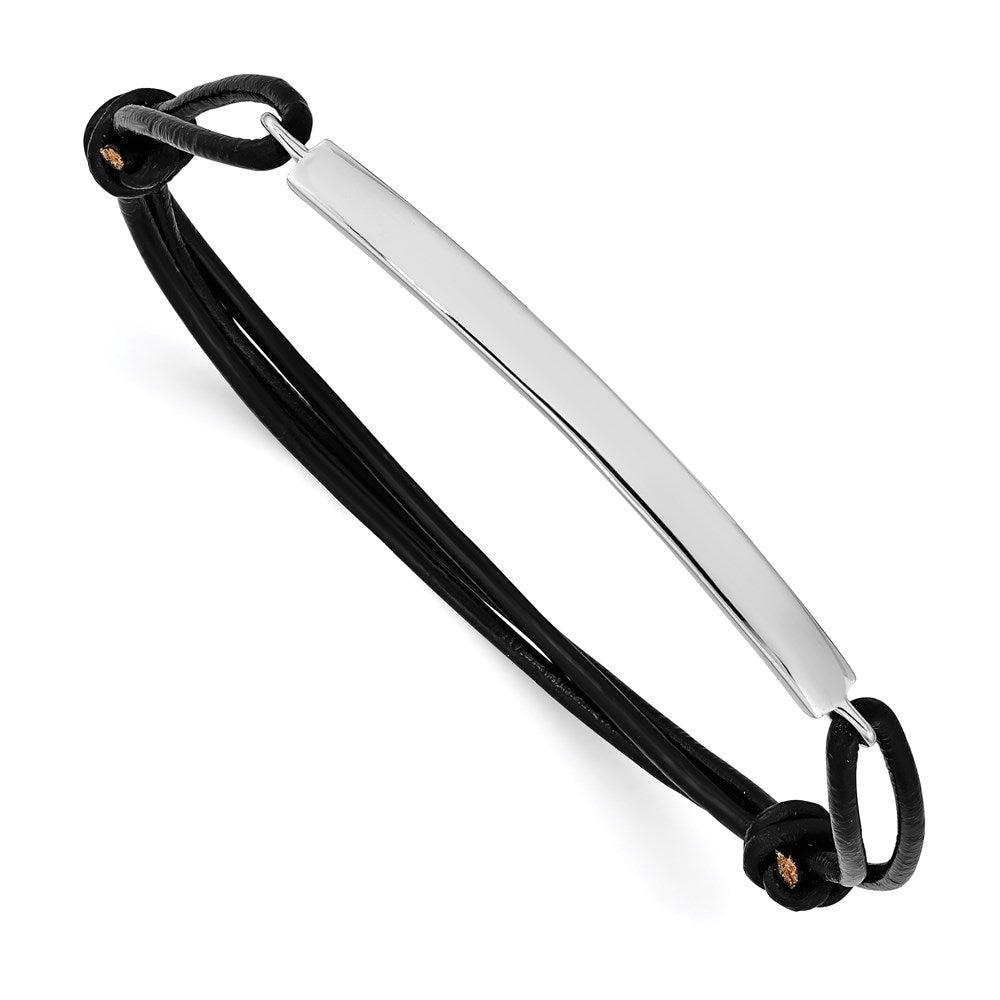 Sterling Silver Rhodium-Plated Id Plate W/Black Leather Adjustable Bracelet