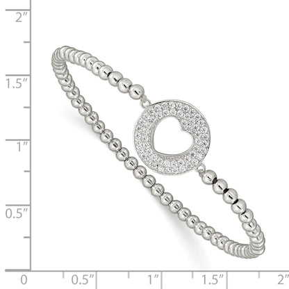 Sterling Silver Rhodium-Plated Polished Beaded Cz Heart Punched Circle Stretch Bracelet