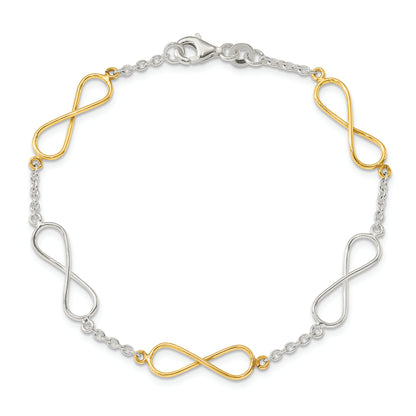 7.5 Inch Sterling Silver Polished Flash Gold Infinity Symbol Bracelet