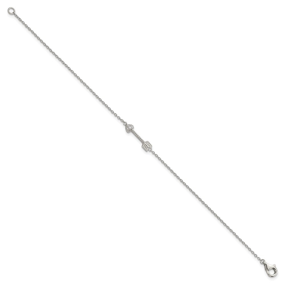 7 Inch Sterling Silver Rhodium-Plated Polished Arrow/Heart With Cz Bracelet