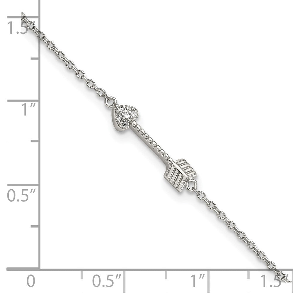 7 Inch Sterling Silver Rhodium-Plated Polished Arrow/Heart With Cz Bracelet