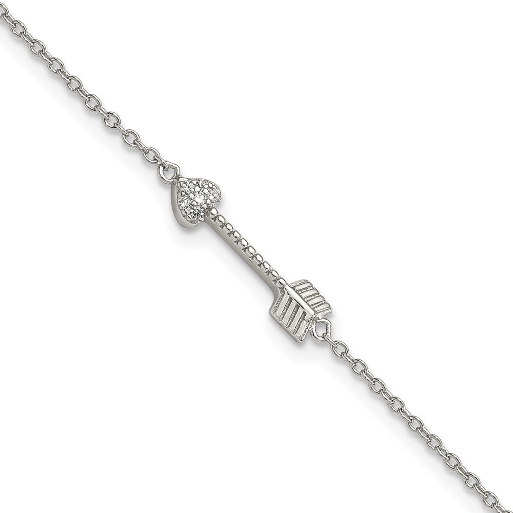 7 Inch Sterling Silver Rhodium-Plated Polished Arrow/Heart With Cz Bracelet