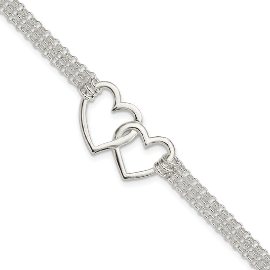 7 Inch Sterling Silver Polished 3-Strand W/.5In. Ext. Heart Bracelet