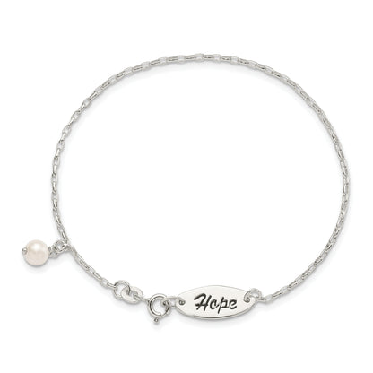 7.5 Inch Sterling Silver Polished Synthetic Pearl Dangle Hope Bracelet