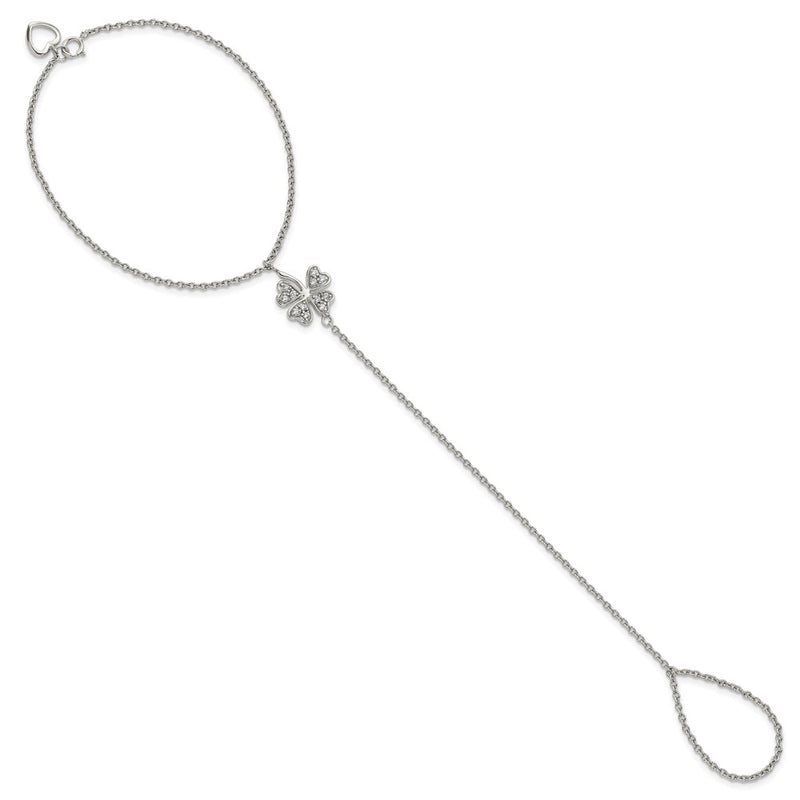 Sterling Silver Rh-Plat Polished Cz Four Leaf Clover Attached Ring/Bracelet