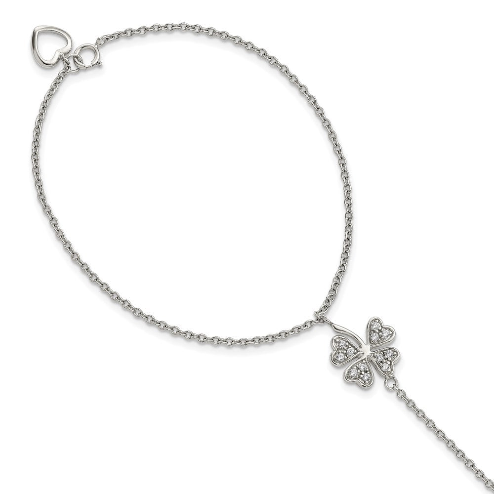 Sterling Silver Rh-Plat Polished Cz Four Leaf Clover Attached Ring/Bracelet