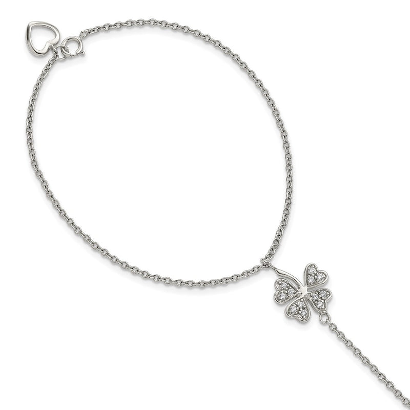 Sterling Silver Rh-Plat Polished Cz Four Leaf Clover Attached Ring/Bracelet