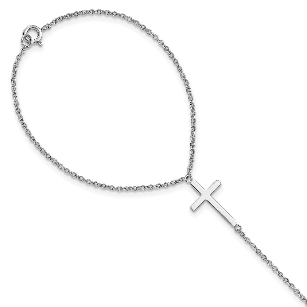 Sterling Silver Rhodium-Plated Polished Cross Attached Ring/Bracelet
