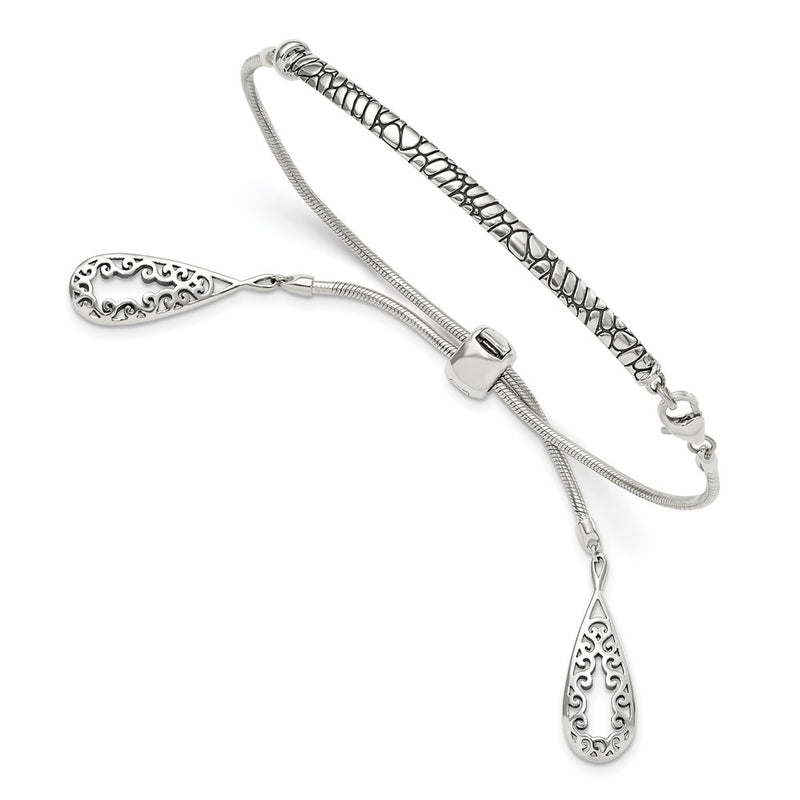 Sterling Silver Antiqued Filigree Teardrops Adjustable Bracelet