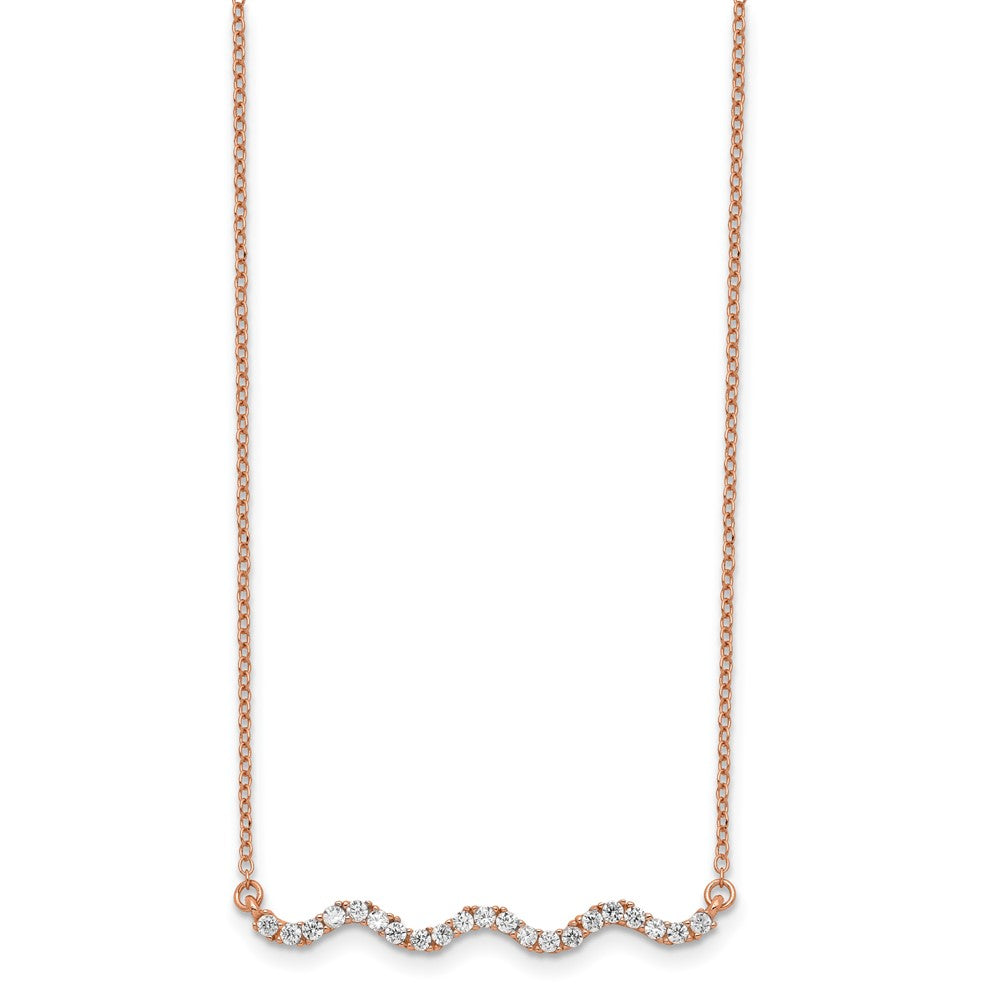 Sterling Silver Rose Gold-Plated Cz W/2In Ext. Wavy Bar Necklace