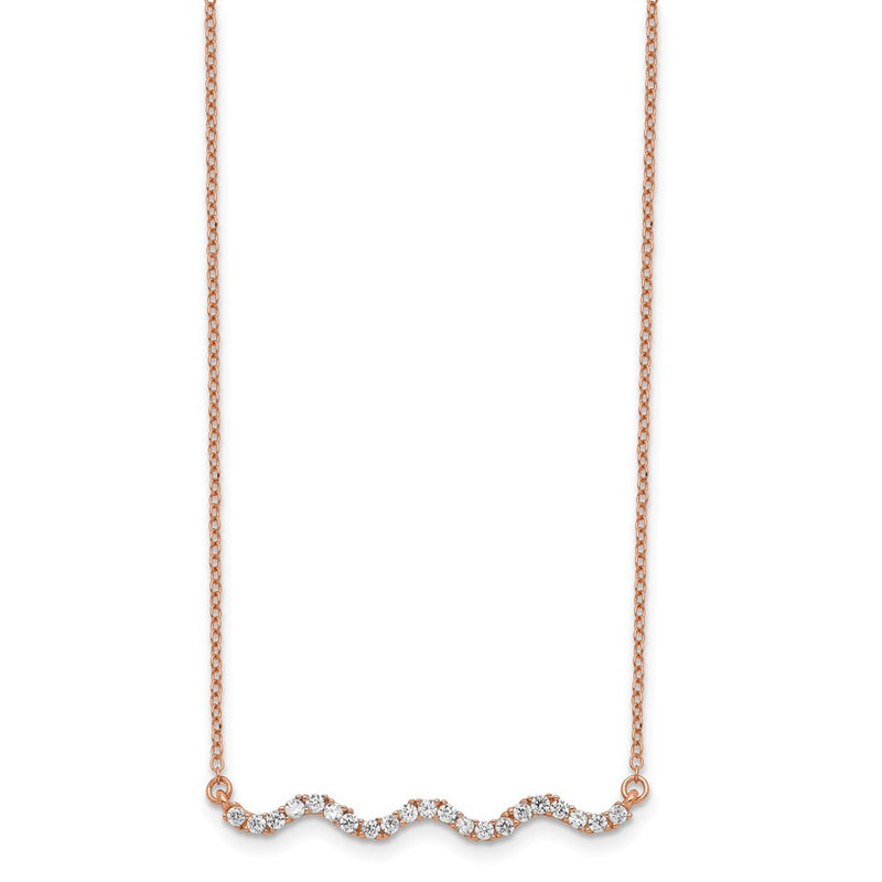 Sterling Silver Rose Gold-Plated Cz W/2In Ext. Wavy Bar Necklace