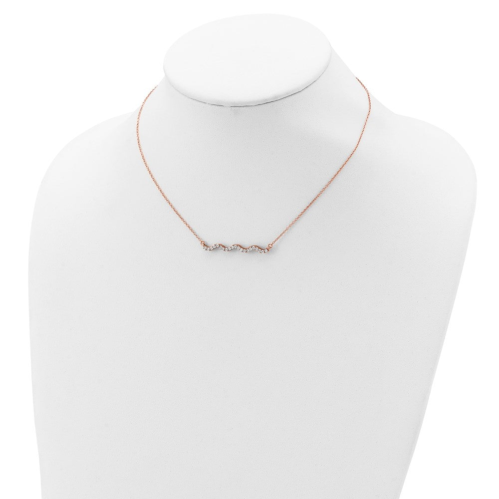 Sterling Silver Rose Gold-Plated Cz W/2In Ext. Wavy Bar Necklace