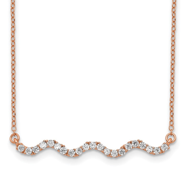 Sterling Silver Rose Gold-Plated Cz W/2In Ext. Wavy Bar Necklace