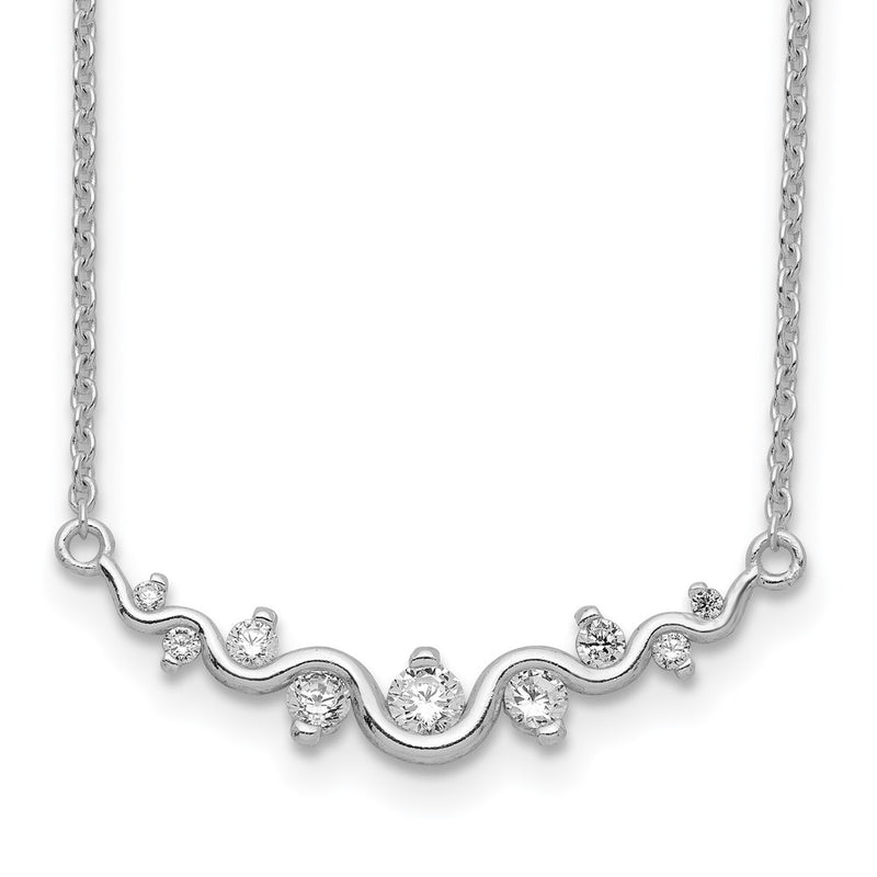 Sterling Silver Rhodium-Plated Polished Fancy Wave Cz Bar Necklace