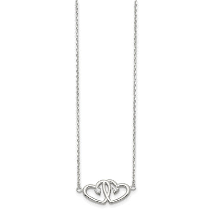 Sterling Silver Polished Two Hearts Cz Necklace