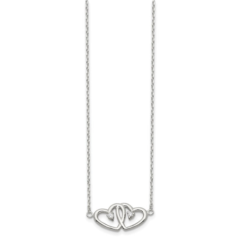 Sterling Silver Polished Two Hearts Cz Necklace
