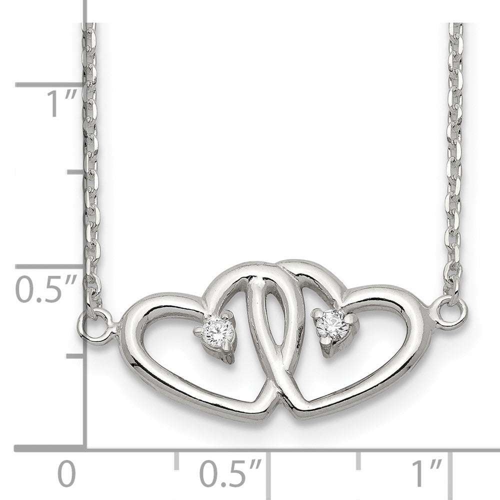 Sterling Silver Polished Two Hearts Cz Necklace
