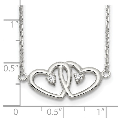 Sterling Silver Polished Two Hearts Cz Necklace