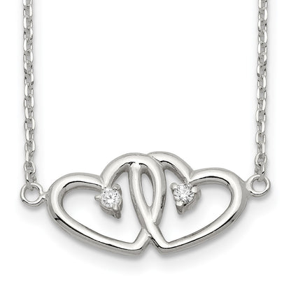 Sterling Silver Polished Two Hearts Cz Necklace