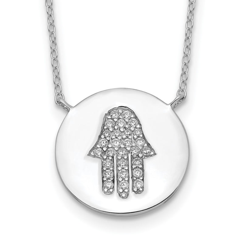 Sterling Silver Rhodium-Plated Hamsa W/Cz W/2In Ext. Necklace
