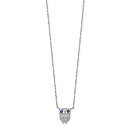 Sterling Silver Rh-Pltd Blue Glass Stone Owl 2In Ext Necklace