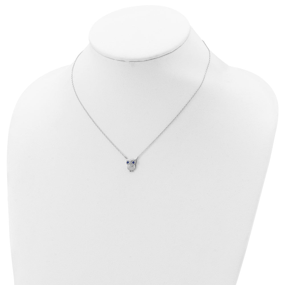 Sterling Silver Rh-Pltd Blue Glass Stone Owl 2In Ext Necklace
