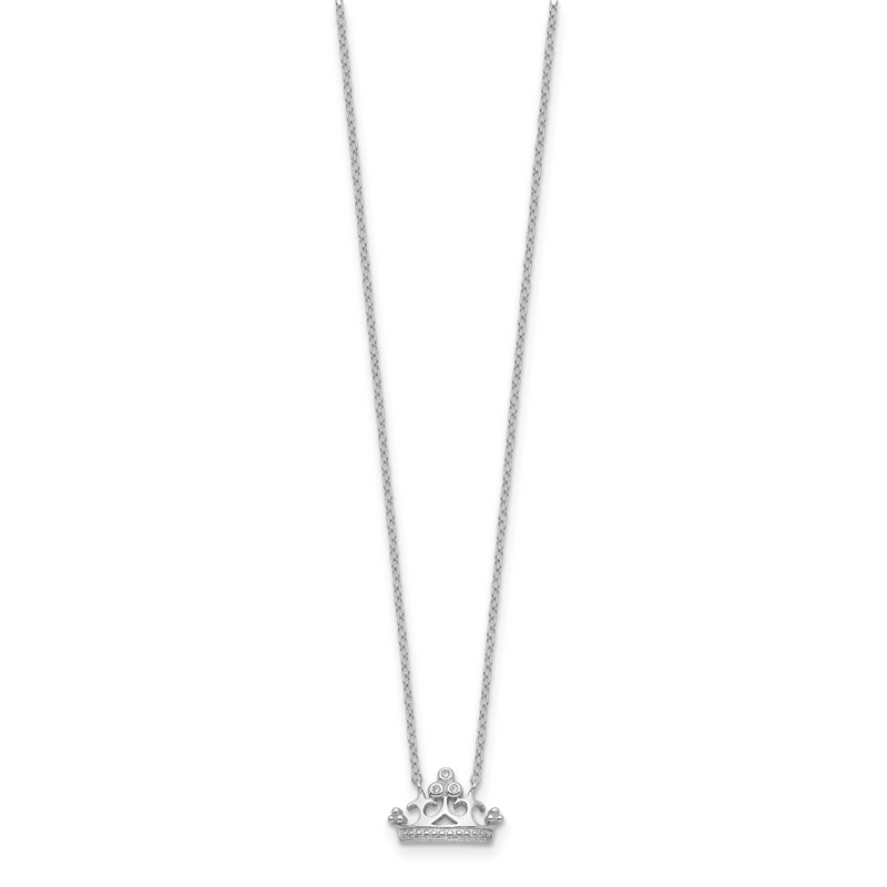Sterling Silver Rhodium-Plated Polished & Beaded Cz Crown With 2 Inch Extension Necklace