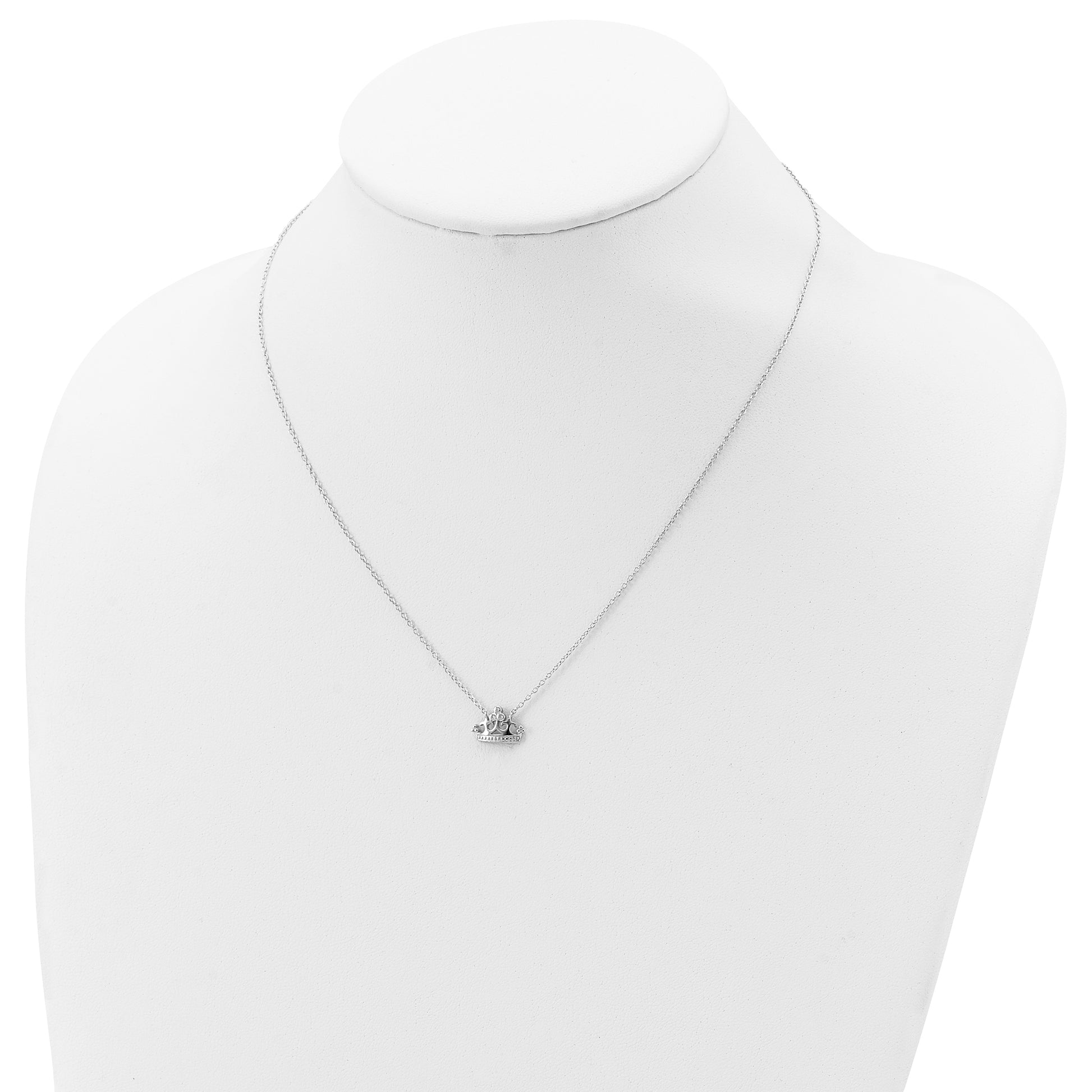 Sterling Silver Rhodium-Plated Polished & Beaded Cz Crown With 2 Inch Extension Necklace