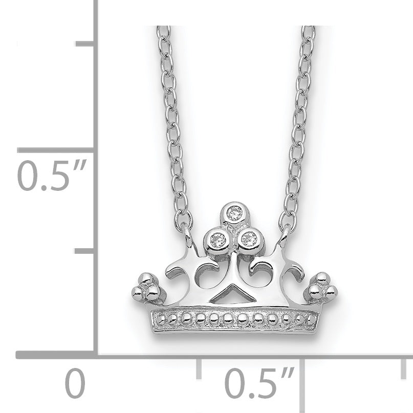 Sterling Silver Rhodium-Plated Polished & Beaded Cz Crown With 2 Inch Extension Necklace