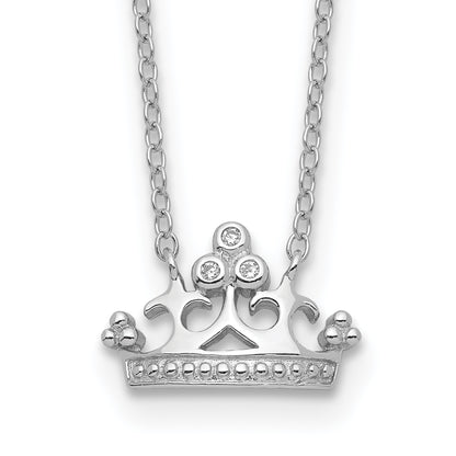 Sterling Silver Rhodium-Plated Polished & Beaded Cz Crown With 2 Inch Extension Necklace
