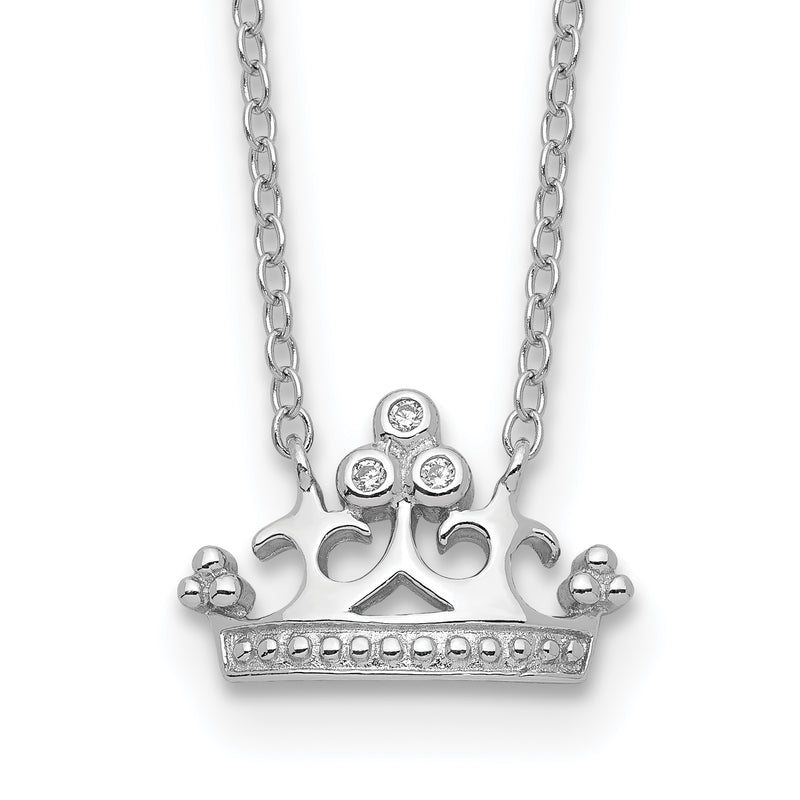 Sterling Silver Rhodium-Plated Polished & Beaded Cz Crown With 2 Inch Extension Necklace