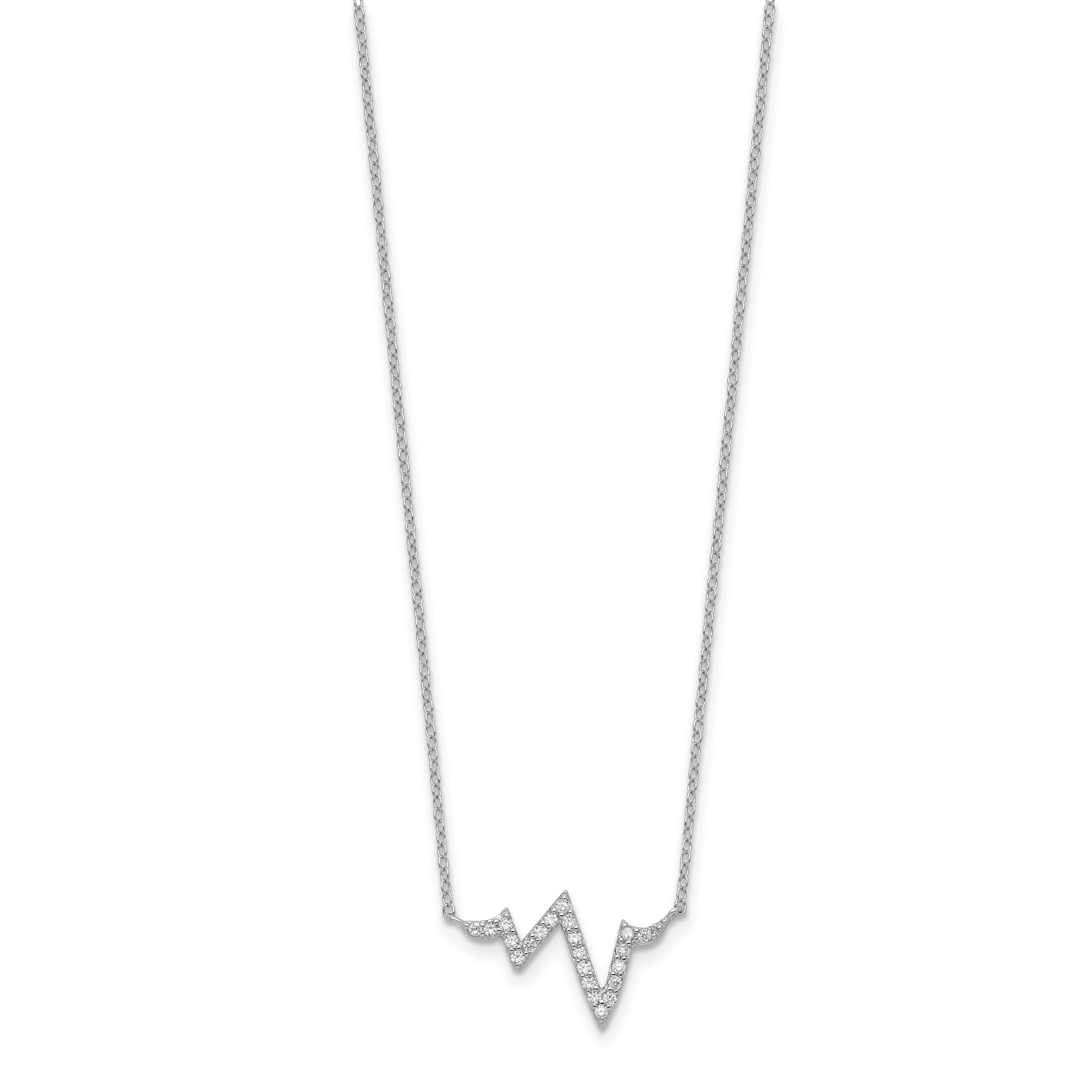 Sterling Silver Rhodium-Plated Cz Heartbeat W/2In Ext. Necklace