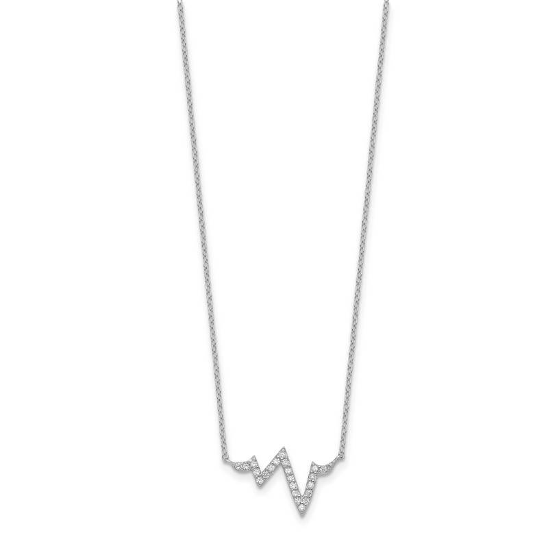 Sterling Silver Rhodium-Plated Cz Heartbeat W/2In Ext. Necklace