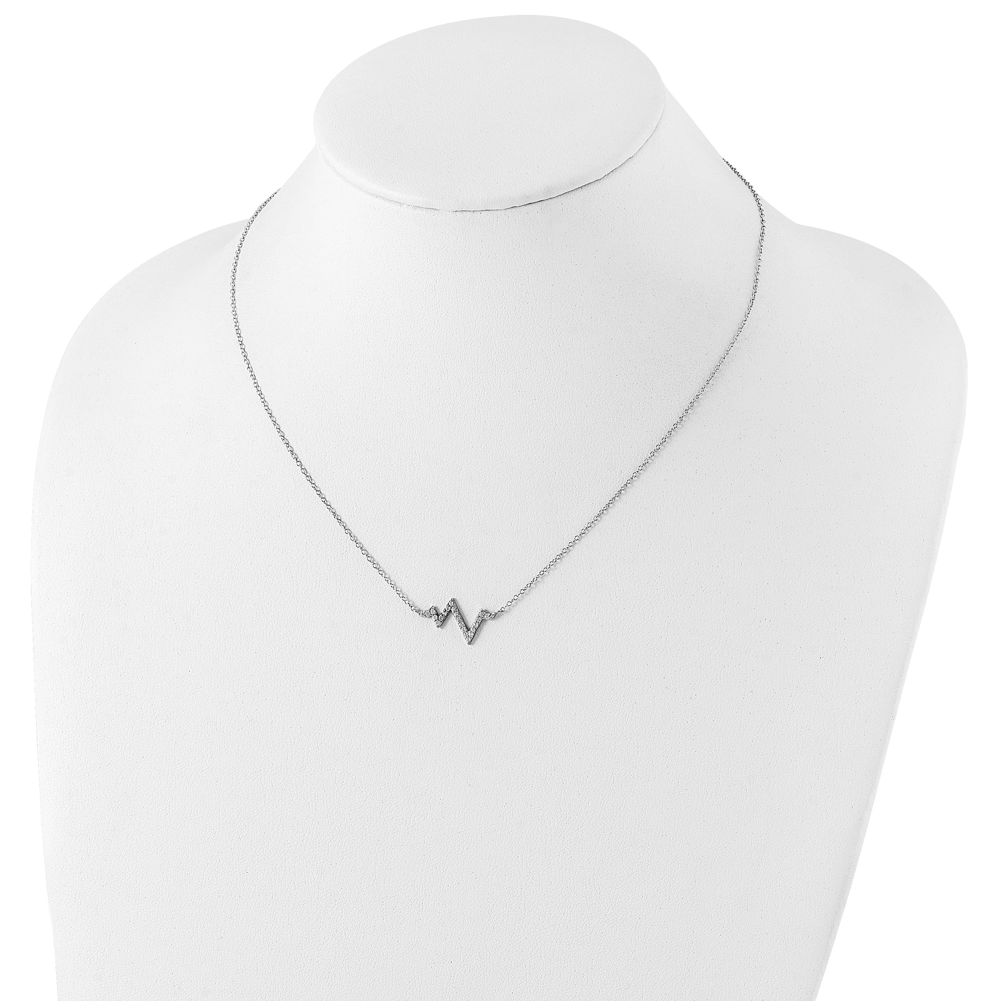 Sterling Silver Rhodium-Plated Cz Heartbeat W/2In Ext. Necklace